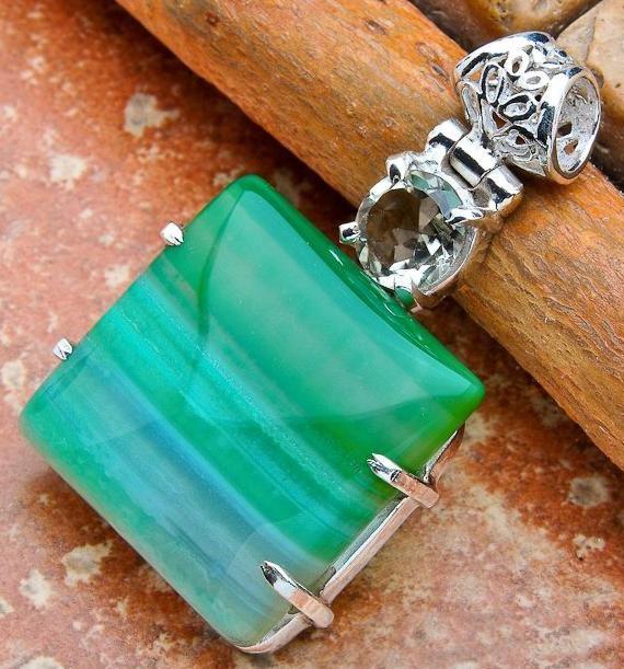 GENUINE GREEN AGATE+AMETHYST PENDANT 925 SILVER